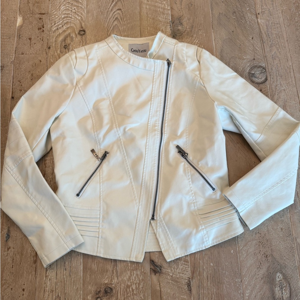 Chou Yatou Women's Cream Leather Moto Jacket S NWT